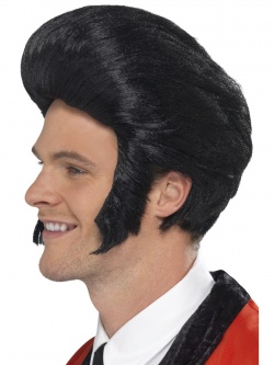 50'S Quiff King Wig, Black, With Sideburns 