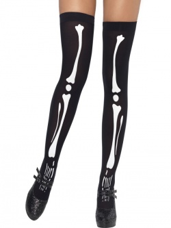 Black Skeleton Print Thigh High Stockings